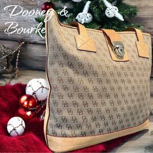 DOONEY & BOURKE Vintage Signature Tan & Brown Monogram w/ Leather Trim Tote EUC